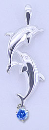 Matey Mrine Silver Double Dolphin Pendant November Birthstone - Blue Topaze