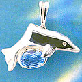 Matey Mrine Silver Square Dolphin Pendant November Birthstone - Blue Topaze